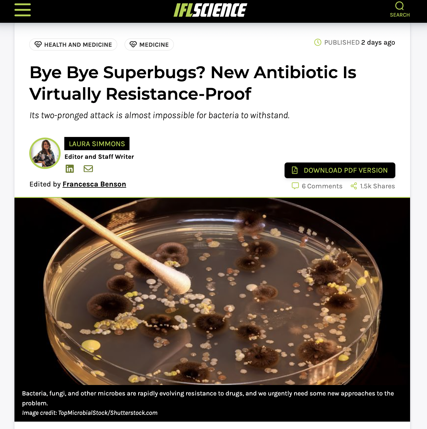 Bacteria - Iii Iflscience Health And Medicine Medicine Published 2 days ago Bye Bye Superbugs? New Antibiotic Is Virtually ResistanceProof Its twopronged attack is almost impossible for bacteria to withstand. Laura Simmons Editor and Staff Writer Edited b